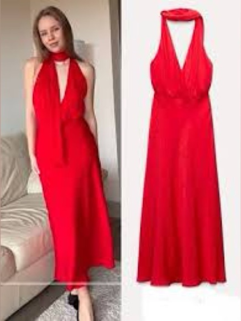 Zara floral jacquard v-neck halter red long dress with tie sz.S - Picture 4 of 16